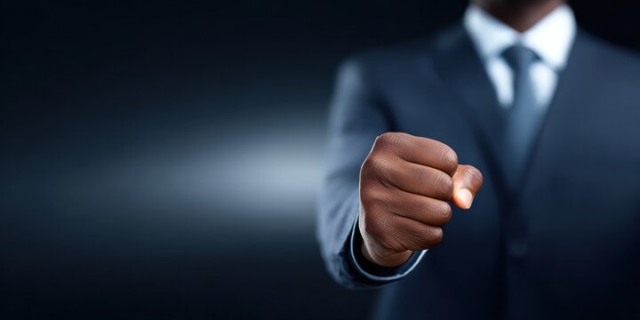 Confident businessman in suit pointing forward with focused gesture expressing leadership and determination