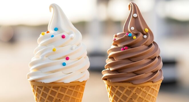 Two Delicious Soft Serve Ice Cream Cones with Sprinkles.