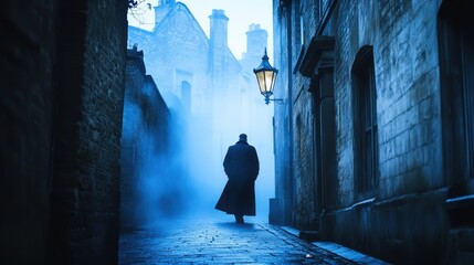 Mysterious figure walks alone down a foggy, dimly lit alley in a quiet city. The atmosphere feels eerie yet captivating.