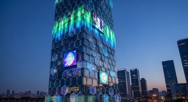 Modern Hexagonal Skyscraper Illuminated with Colorful Lights at Night.