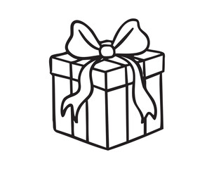 Gift box with bow, hand drawn doodle, line art, monochrome, hand drawn