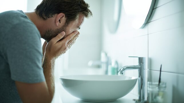 Man Washing Face in Bathroom Sink, Morning Routine, Skincare, Grooming, Personal Hygiene and Wellness