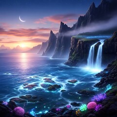 Enchanting Bioluminescent Ocean Landscape with Waterfalls and Crescent Moon at Sunset.