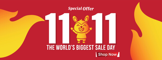 Creative 11.11 sale banner with cute mascot character, fire background, and bold typography. Perfect for Singles’ Day, eCommerce promotions, flash sale, and online shopping campaigns.