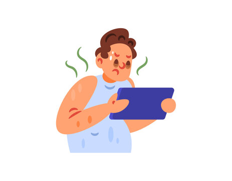 Illustration of a boy addicted to gadgets. Addicted to gaming. Dark eyelids or the area around his eyes due to prolonged use of gadgets. Looks tired. Flat character design. White background.