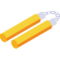 Yellow Nunchucks Weapon with Chain Link Connection on a Transparent Background Minimalist Isometric Illustration