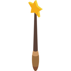 Golden Star Topped Magic Wand with Brown Handle and Bristles on Transparent Background