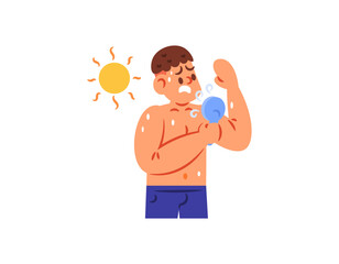Illustration of a boy using a portable fan to cool down. He is hot and sweaty because of the very hot sun. High temperature. Flat style character design. White background.