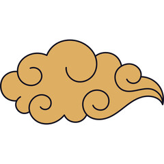Golden stylized cloud formation with swirling patterns and dark outlines on a transparent background isolated