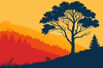 **Bold Tree Silhouette Against Layered Sunset Hills and Forest.**