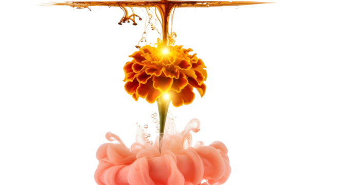 Beautiful bright flower surrounded by blooming orange and pink abstract ink clouds isolated PNG with Transparent Background