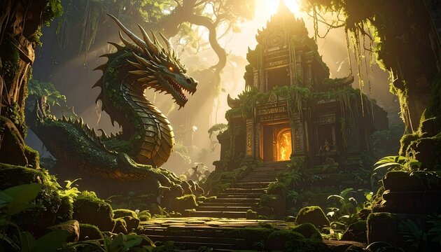 A massive ancient temple guarded by a glowing dragon statue, overgrown with moss and vines, golden sunlight filtering through mist, fantasy matte painting, detailed texture.