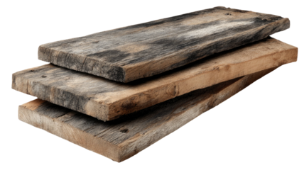 three weathered wooden planks aged timber texture rustic brown boards natural surface pattern construction material isolated on white background