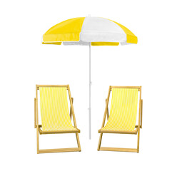 Front view two wooden beach chairs with yellow and white striped canvas seats and a yellow beach umbrella isolated on white background