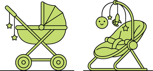 Baby stroller and bouncer seat, green outline, baby gear, toy bar, cad drawing flat vector illustration