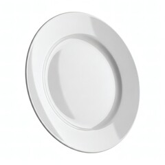A single empty white ceramic dinner plate with a wide rim, isolated on a clean white background for food presentation