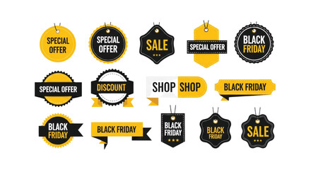 Modern Black Friday discount badges and sale labels set, perfect for advertising and marketing special offers