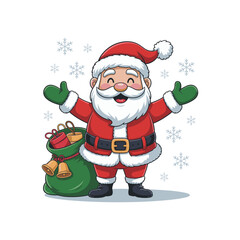 Cheerful Cartoon Santa Claus with Gift Bag and Snowflakes on White Background