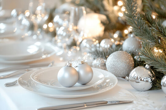 Elegant white luxury Christmas table setting with decorative accents and silver ornaments for a festive holiday gathering in a warm and inviting ambiance