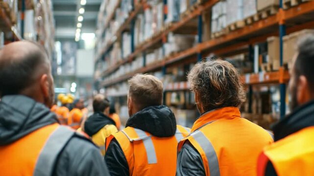 Warehouse Workforce: A group of diligent workers, adorned in high-visibility vests, moves through the bustling aisles of a modern warehouse, highlighting their role in the supply chain.