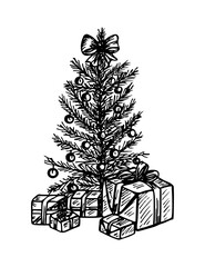 Sketch illustration of Christmas tree and gifts, presents. Festive composition. Vector line art drawing, isolated