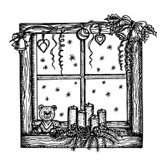 Sketch illustration of a window decorated with Christmas decorations, candles, and jingle bells. Festive Christmas holiday composition. Vector line art drawing, isolated