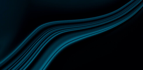 Abstract dark background with smooth flowing blue teal ocean green silk-like curves. Elegant glossy waves create a futuristic luxury texture for design, presentation, or modern branding concept.