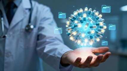 Medical professional presenting futuristic technology for healthcare innovation and digital health solutions in a clinical setting