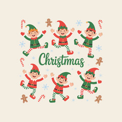 Cute Christmas Elves Dancing with Candy Canes and Gingerbread Cookies