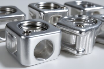 Metallic precision components showcasing intricate designs and reflections captured with dramatic lighting against a neutral backdrop emphasizing their structural integrity and engineering