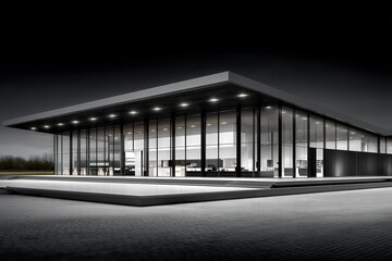 Obraz premium Stunning contemporary architectural design showcasing a sleek, modern building with expansive glass facades and dramatic lighting set against a minimalist backdrop of stark elegance and