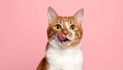 Playful Orange Tabby Cat Licking Lip Pose Against Soft Pink Studio Background