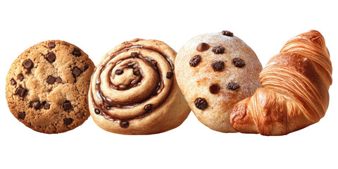 Assorted baked goods cookie, cinnamon roll, bun, and croissant