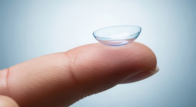 A single soft contact lens rests on a fingertip, ready for insertion into the eye for vision correction