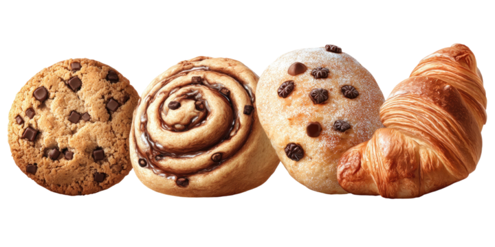 Assorted baked goods cookie, cinnamon roll, bun, and croissant - Powered by Adobe