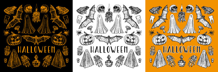 Halloween card, poster design with ghost, pumpkin, skull, mushroom, spider drawings in engraving style, sketch outline illustrations. Hand-drawn vector line art
