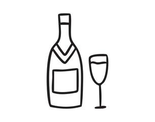 Alcohol bottle and wine glass line art clipart, festive drink pair, single element, hand drawn.