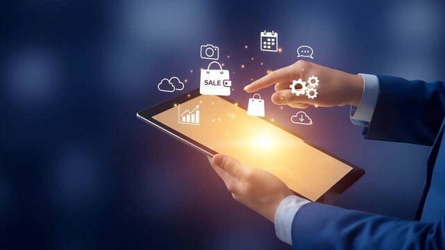 Business person using tablet with glowing icons for online shopping sales growth analytics social - Powered by Adobe