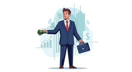 Successful businessman holding money and briefcase in city skyline setting