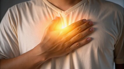 A hand placed on the chest emits a warm glow, symbolizing emotion or spiritual connection, suggesting themes of self-awareness or healing.