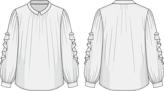 Fashion blouse technical drawing, long sleeve ruffle design, garment flat sketch, women’s top illustration, apparel template, sewing pattern, clothing design