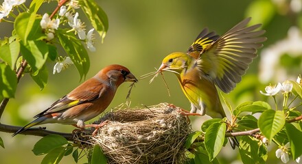 Two goldfinches building a nest on a tree branch with blossoms