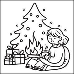 Cozy girl season black and white coloring pages with Christmas, fall, autumn, and winter elements for adults and teens.