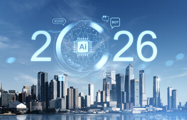 Futuristic AI technology concept for 2026 with digital brain and online chatbot icons above Manhattan skyline in New York City under clear blue sky.