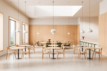 Naklejka na ściany i meble Modern minimalist cafe interior with wooden furniture, pendant lights, and skylight, featuring clean architectural design and open seating concept. 3D Rendering