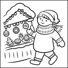 Cozy girl season black and white coloring pages with Christmas, fall, autumn, and winter elements for adults and teens.