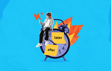 Boy with headphones using gadget while sitting on alarm clock wi