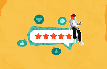 Child boy with headphones sitting on five-star review bubble sho