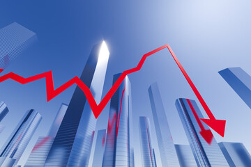Real estate market crisis concept with red descending graph among futuristic city skyscrapers under blue sky background. 3D Rendering