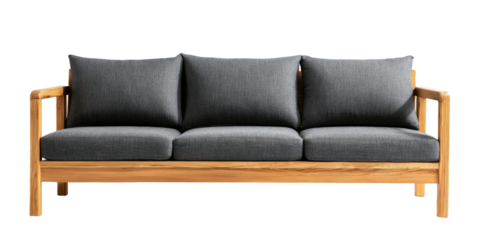 Light brown wooden frame sofa with gray cushions